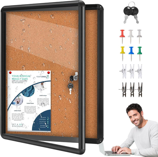 26"x20" Enclosed Cork Bulletin Board Tamper-Proof Dispaly Case, Aluminium Frame, Shatter Resistant Lockable Bulletin Board with Clear Acrylic Door for School,Office,Mall,Community,Hospital,Church