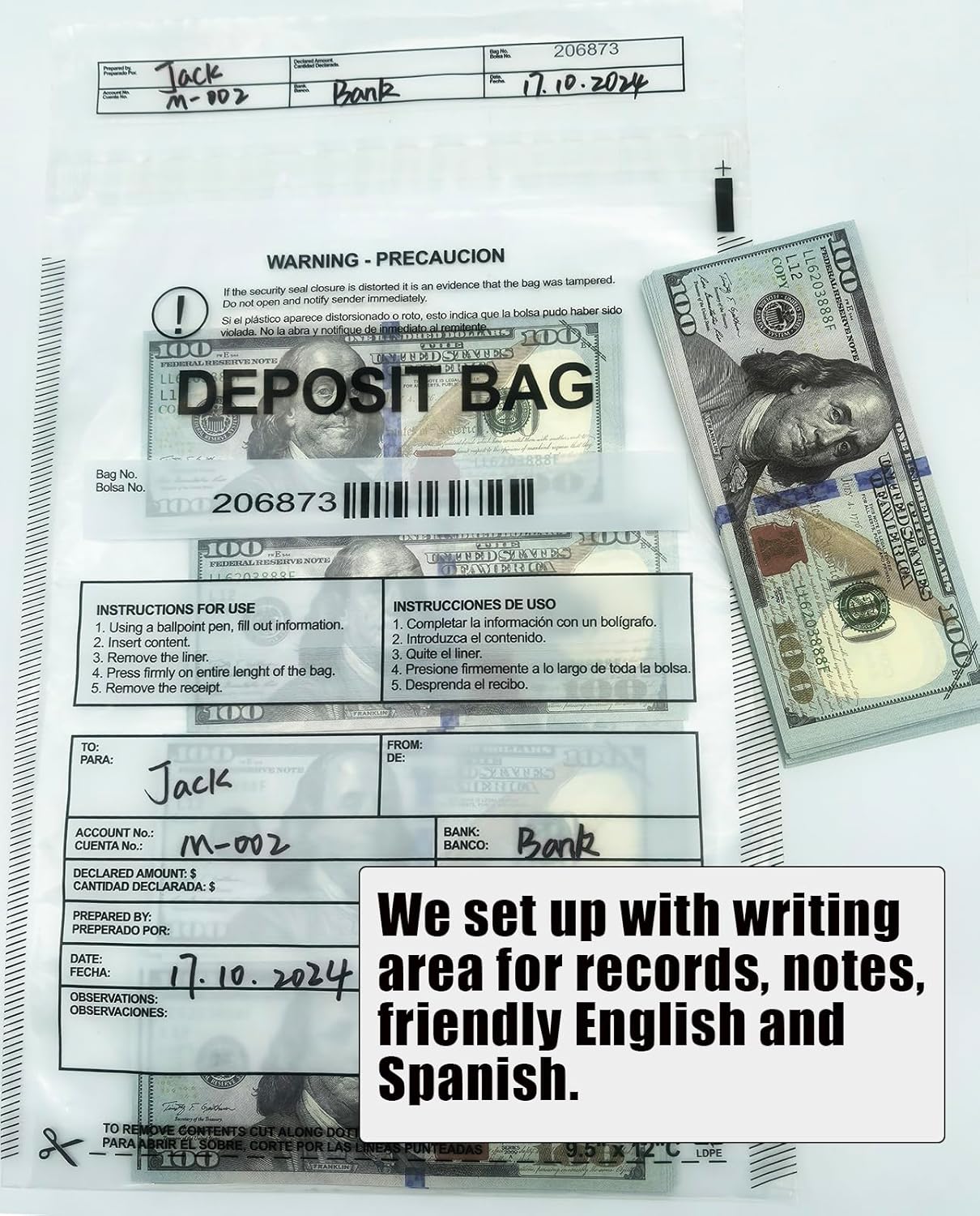 Plastic Deposit Bags 200-Pack 9''x12'', Clear Security Bank Deposits,Cash register,Money bag for Cash,Bank Pocket,Tamper-Evident,Unique Barcode