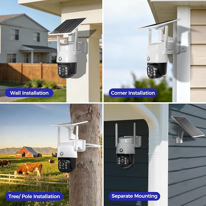 xmartO 4MP QHD Wireless PTZ Solar Security Camera Outdoor/Indoor for Homes, WiFi 6 5G Dual Band, Wire-Free Easy Installation, No Monthly Fee (Wall/Ceiling/Corner/Tree/Pole Mount, SDK4034 4-Pack)