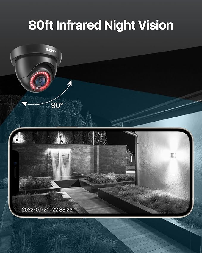 ZOSI 2.0MP FHD 1080p Dome Camera Housing Outdoor Indoor (Hybrid 4-in-1 CVI/TVI/AHD/960H Analog CVBS),24PCS LEDs,80ft IR Night Vision,CCTV Security Camera with 105° Wide Angle
