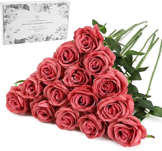 Pink Fake Roses Artificial Flowers - 16 Pcs Fake Artificial Roses Silk Flowers with Stems for Home Wedding Hotel Office Centerpiece Decor（Coral Pink）