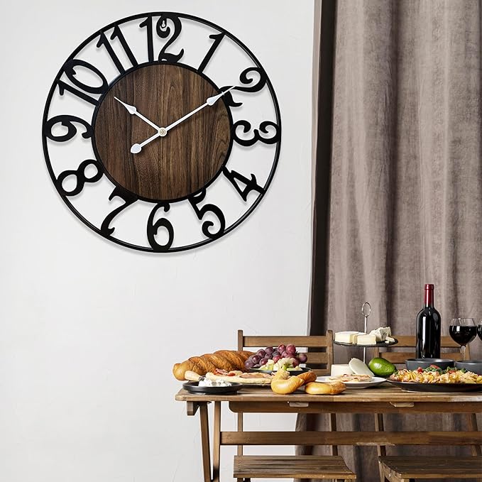 24 Inch Large Wall Clock for Living Room Bedroom Kitchen Mantel Decor, Silent Battery Operated Decorative Non Ticking Metal Round Modern Farmhouse Arabic Numerals Big Clock Wall Decor