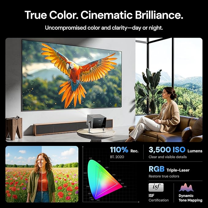 VisionMaster Max 4K Laser Projector, 3500 ISO Lumens, Anti-RBE, Speckle-Reduction, Flagship Black Level, 0.9–2.0:1 External Optical Zoom, 300", IMAX Enhanced, HDR10+, 3D, Gigabit 4ms 240Hz