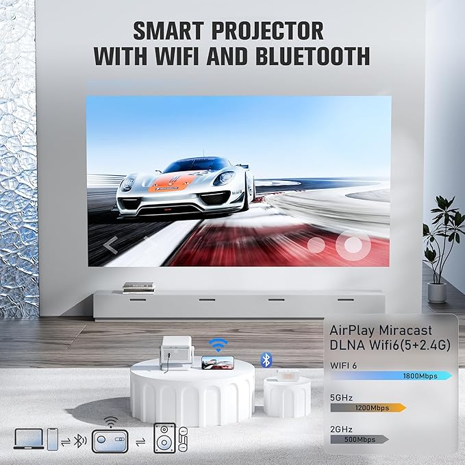 【Officially-Licensed APP & Auto Focus/ Keystone】Smart Mini Projector with WiFi and Bluetooth, VOPLLS Outdoor Projectors 4K Support, Portable Movie Phone Wifi Proyector for Bedroom/Home/Celling
