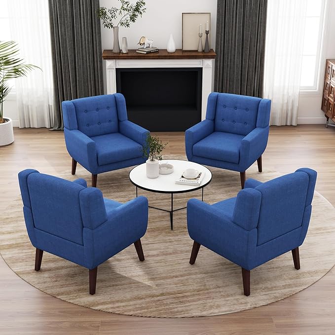 UIXE Accent Chair, Modern Upholstered Armchair in Fabric for Living Room, Comfy Club Arm Chairs Single Sofa Button Tufted Bedroom Reading Seat - Blue, Set of 4