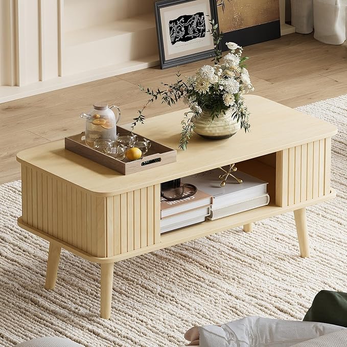 LAZZO Coffee Table with Storage Center Table for Living Room Rectangle Coffee Table with Rounded Edges,Easy Assembly, Natural Wood