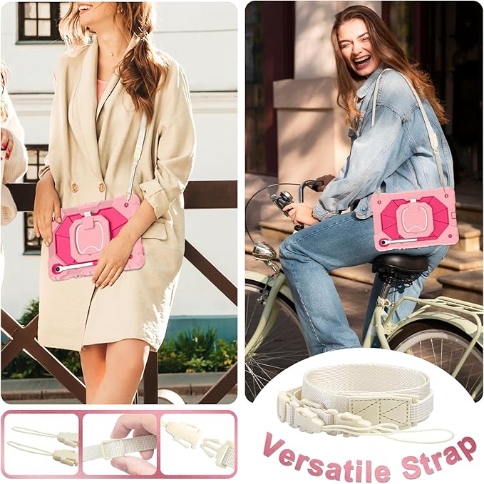 Case for Samsung Galaxy Tab S10 Lite/S10 FE/S9 FE 10.9 Inch, Samsung Tab S9 11 Inch, Rugged Galaxy S10 Tablet Cover with Pen Holder 360 Rotating Stand Shoulder Strap Screen Protector, Rosegold
