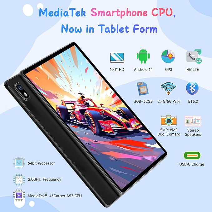 HAOVM Tablet 10 inch Android 14, 4G SIM Unlocked, Kid Tablet with SIM Card Slot, IPS Touch Screen, 2.0GHz Fast Processor, 3GB+32GB+TF Expand,2.4G/5GHz WiFi,8MP Camera, GPS, with Blue case