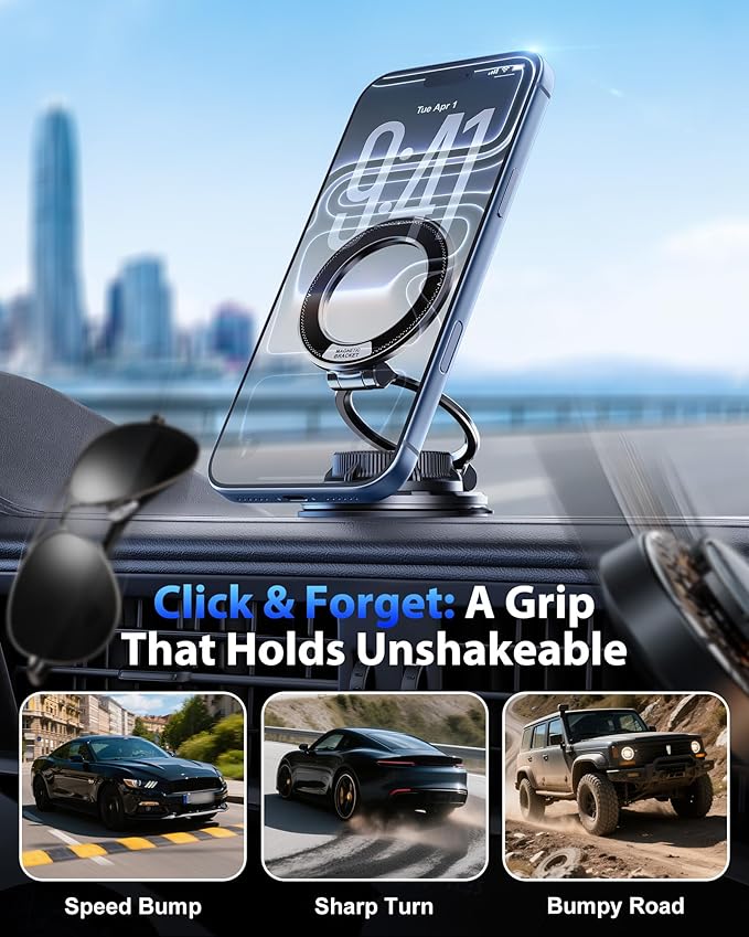 Ultra-Thin Vacuum Gel Magnetic Phone Holder for Car, [95LBS Max Suction] 360° Adjustable [All Zinc-Alloy] Cell Phone Car Mount for MagSafe, Fit for iPhone 17 Pro Max/16/15/14/13/12 & Android