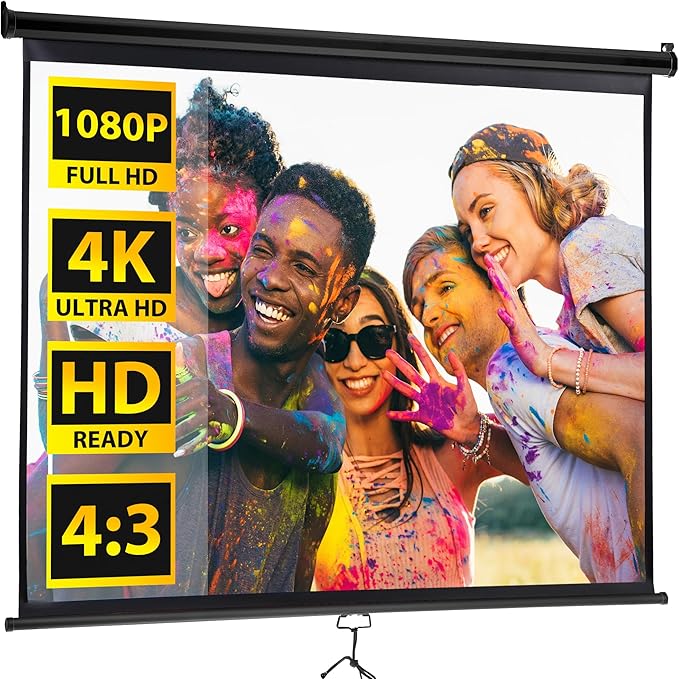 Universal Projector Screen, 72 Inch HD Portable Manual Pull Down Projector Screen,Wall or Ceiling Mounted Retractable Widescreen for Home or Office (White, 72 Inch 4:3) (Black)