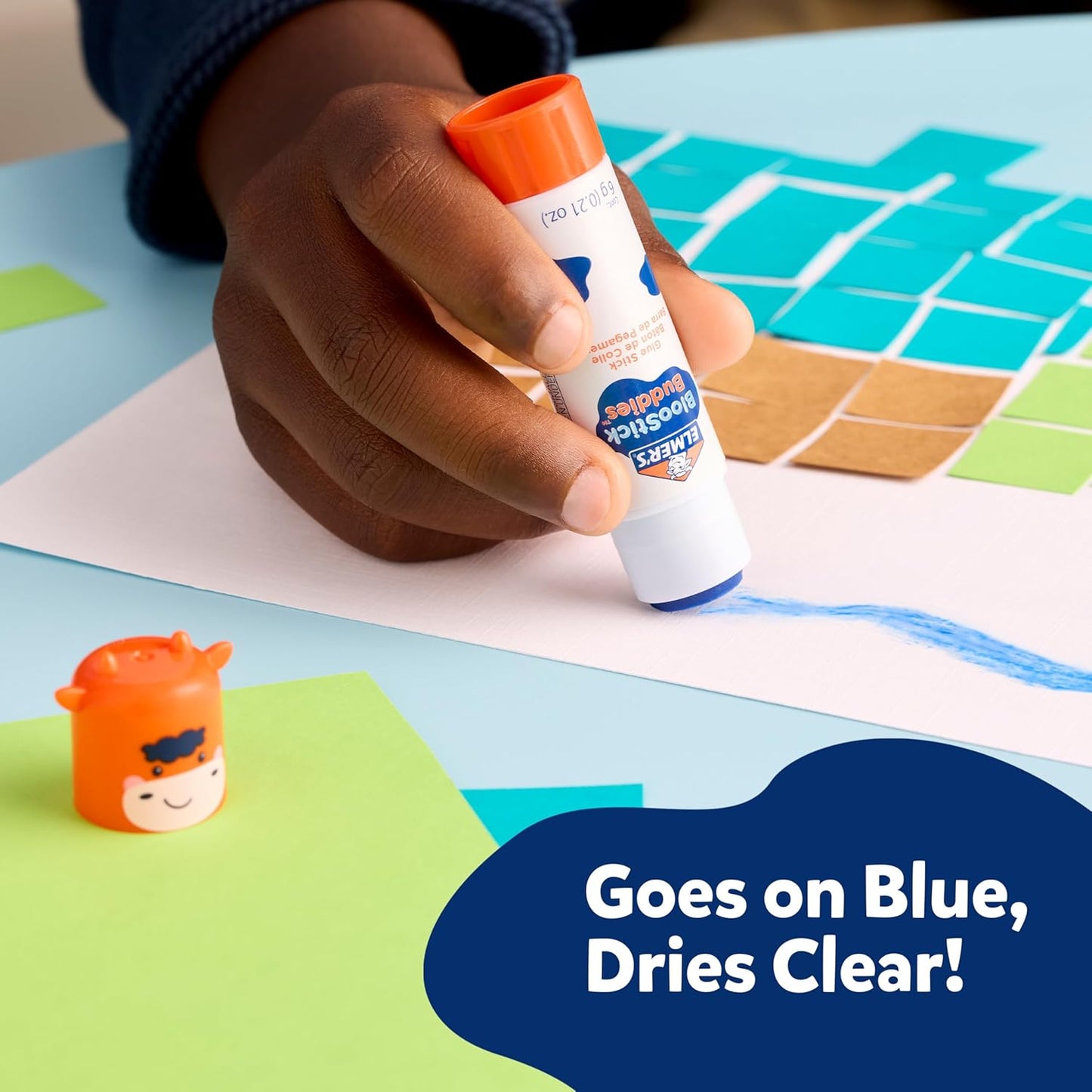 Elmer's BlooStick Buddies Glue Sticks, Disappearing Blue Glue Stick, Anti-Roll Cap, 6g, 48 Count, #1 Teacher Brand