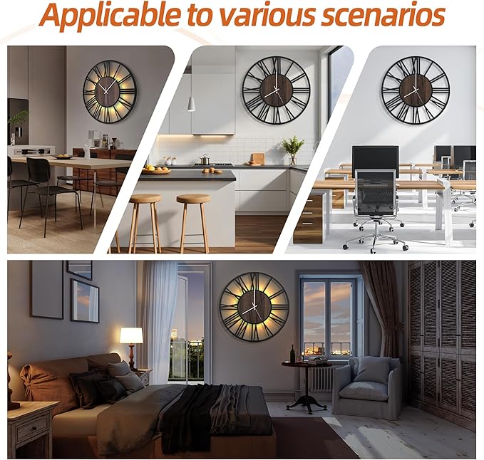 LEIKE Large Wall Clocks with Night Light Battery Operated,Silent Non Ticking,Rustic Modern Big Wood Clock for Living Room, Bedroom,Kitchen,Farmhouse,Office,Home Decor-24 Inch(Roman Numerals)