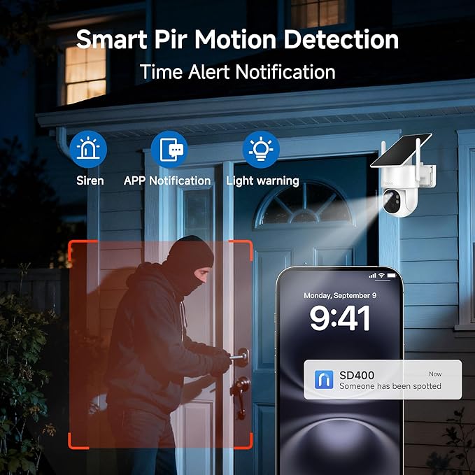 Noorio Solar Security Camera Wireless Outdoor, 2K Cameras for Home Security, 4MP 360° Camera with Dual Band WiFi 2.4/5G, AI Human Detection, Color Night Vision, Fixed Solar Panel, IP65, 2 Way Audio