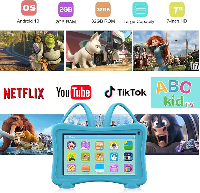 Kids Tablet 7 Toddler Children's Learning Tablet with WiFi, YouTube, Parental Control, Durable Case Education Learning Apps for Boys Girls (Blue)