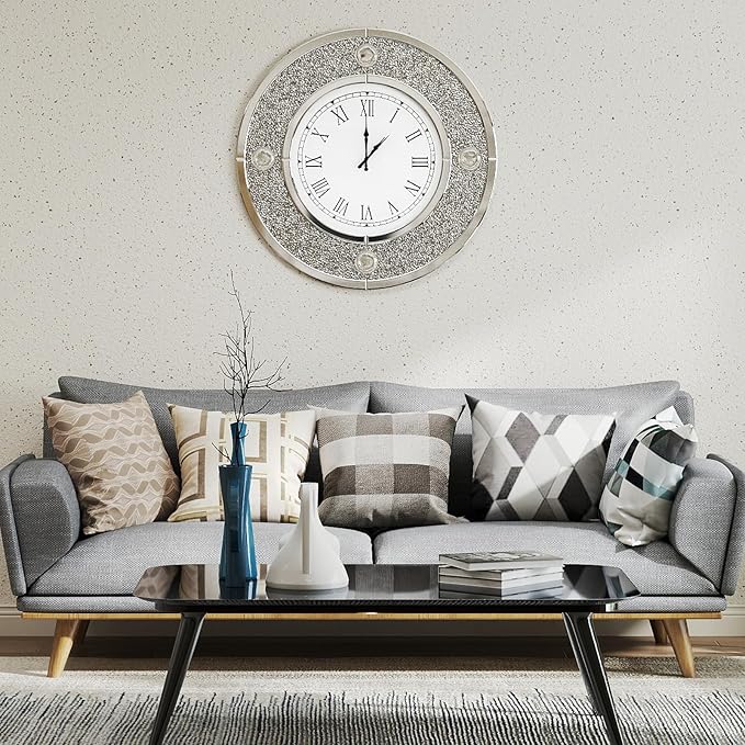 COSVALVE Mirror Wall Clock with Crystal, 24 Inch Large Silver Glass Clock for Wall Living Room, Big Decorative Wall Clock with Crushed Diamond Decor, Luxury Bling Wall Decor