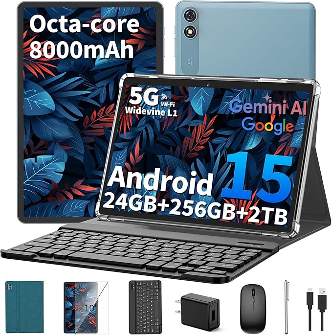 Android 15 Tablet 10 inch, 2026 Tablet with Keyboard, 24GB+256GB+2TB Expand, 2-in-1 Tablets with 8-Core, 5G WiFi, 8000mAh, BT5.0, GMS, GPS, Gemini AI, Tablets PC with Mouse, Case, Stylus (Green)