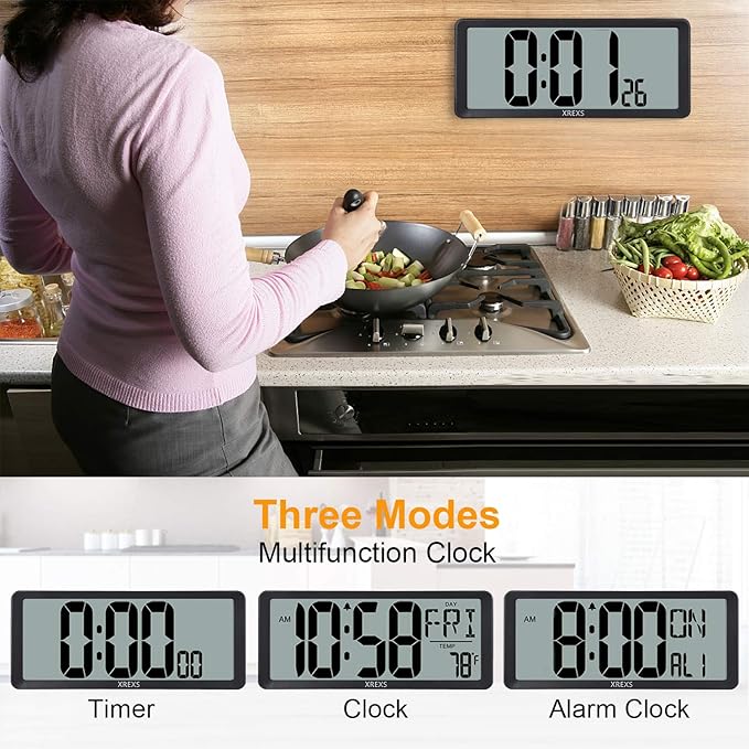 XREXS Large Digital Wall Clock, Battery Operated Alarm Clocks for Bedroom Home Decor, Count Up & Down Timer, 14.17 Inch Large LCD Screen with Time/Calendar/Temperature Display (Batteries Included)