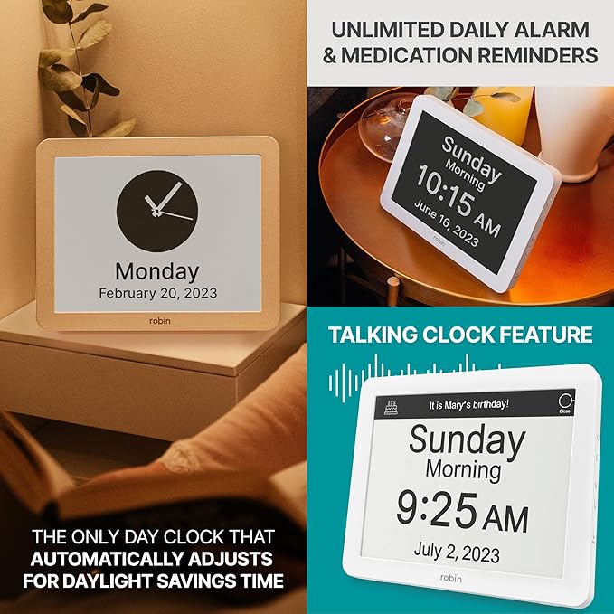Robin Clock with Day and Date for Elderly, Clocks for Seniors, Dementia Clock, Digital Calendar Clock Elderly Bedside Clocks Seniors Alzheimers Products Dementia Clocks Seniors Extra Large, White 12"