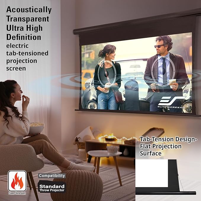 Elite Screens Saker Tab-Tension AcousticPro UHD Series, 150-INCH Diagonal 16:9, 4K/8K Ultra HD Electric Sound Transparent Perforated Weave Drop Down Front Projector Screen, SKT150UH2-E12-AUHD