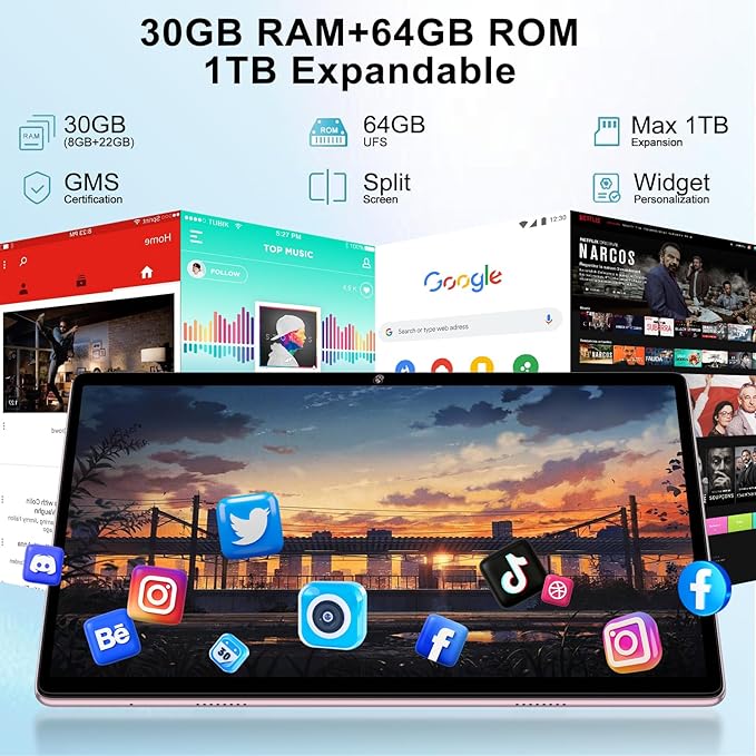 2025 Latest Tablet 10 inch Android 15 Tablets with Keyboard, 30GB RAM 64GB ROM 2.0GHz Octa-Core, Dual Camera, 1TB Expand, Widevine L1, 5G WiFi, BT 5.0, 2 in 1 Tableta PC (Rose Gold/Pink)