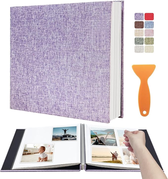 Photo Album Scrapbook â 4x6, 5x7 & 8x10 Pictures â Self-Adhesive Pages for Baby, Wedding, Travel & Family Memories | Includes Metallic Pen & Scraper/Light Purple Large DIY Memory Book for Gifts