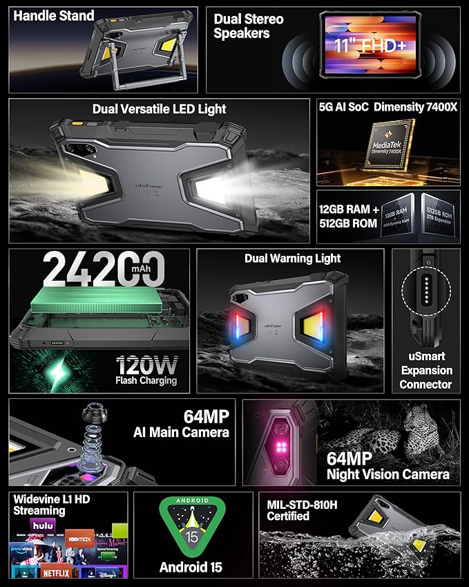 Ulefone Armor Pad 5 Pro 5G Rugged Tablet, Dimensity 7400X 32GB+512GB/2TB Expansion Android 15, 24200mAh(120W), 11" FHD+ Screen, IP68/69K, 64MP+64MP, 32MP, Dual LED Lights/Warning Lights, Widevine L1