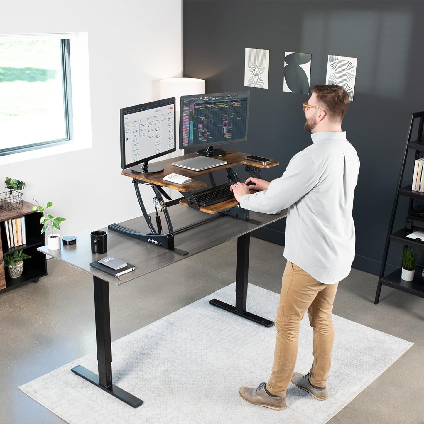 VIVO 36 inch Height Adjustable Stand Up Desk Converter, V Series, Quick Sit to Stand Tabletop Dual Monitor Riser Workstation, Rustic Vintage Brown Top, Black Frame, DESK-V000VN