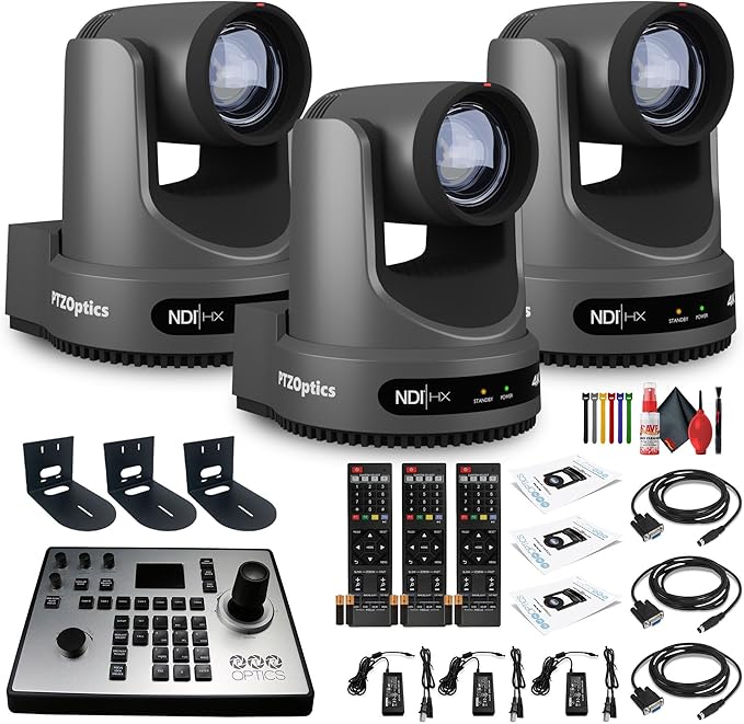 PTZOptics 3 x Move 4K SDI/HDMI/USB/IP PTZ Camera with 20x Optical Zoom (Gray) (PT20X-4K-GY-G3) PT-Joy-G4 Joystick Controller + 3 x Universal Wall Mount (Black) + Cleaning Kit + Wire Straps