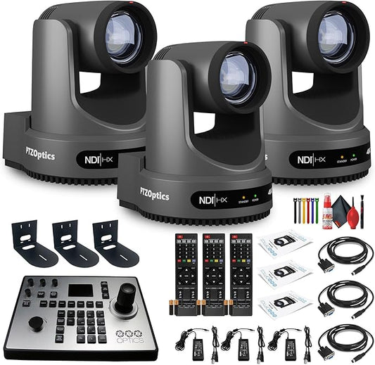 PTZOptics 3 x Move 4K SDI/HDMI/USB/IP PTZ Camera with 20x Optical Zoom (Gray) (PT20X-4K-GY-G3) PT-Joy-G4 Joystick Controller + 3 x Universal Wall Mount (Black) + Cleaning Kit + Wire Straps