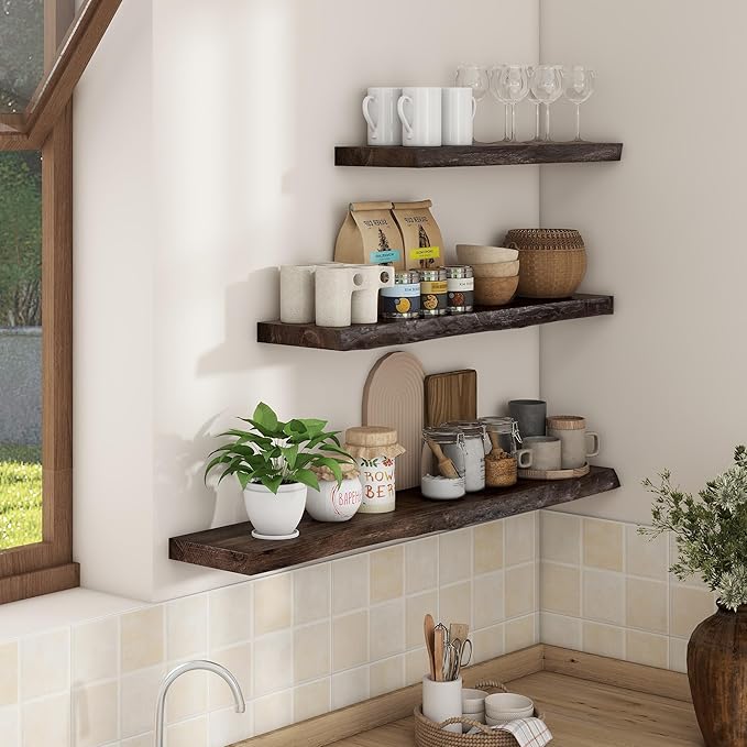 Axeman 48 inch Floating Shelves for Wall - 8'' D Live Edge Rustic Solid Elm Wood Floating Shelves Wall Mounted, Hanging Shelves with Invisible Bracket for Living Room Bedroom Kitchen, Walnut