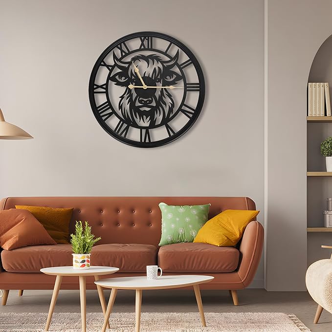 20inch Large Wall Clocks for Living Room Decor,Farmhouse Black Metal Decorative Wall Clock,Wall Clocks Battery Operated for Bedroom,Kitchen(Highland Bull Wall Clock, 20 Inch)