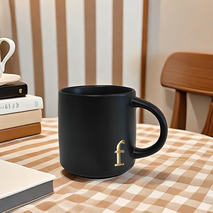 COLLECTIVE HOME - Black Monogram Ceramic Mugs, 15 oz Golden Initial Coffee Cups, Elegant Alphabet Tea Mugs, Personalized Halloween Mug with Gift Box, Perfect for Office and Home Décor(f)