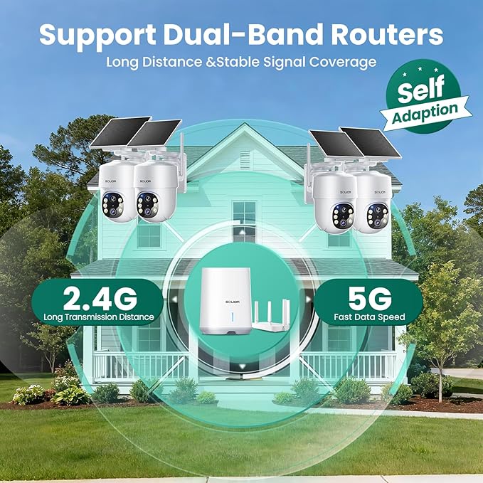 SOLIOM- 5MP Security Cameras Wireless Outdoor, No Subscription,4-Cam Pack, Solar Powered Home Security Camera with 360° Auto Tracking, Pan & Tilt, 3K Color Night Vision,5G & 2.4G Router Compatible