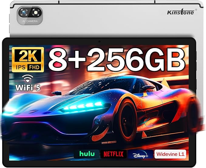 kinstone 10.1" Android Tablet - MTK8183 Octa-Core 2.0GHz Processor - 1920 x 1200 FHD Display - 8GB RAM + 256GB ROM - 13MP Dual Camera - 6000mAh Battery - WiFi and Bluetooth 5.0, Silver