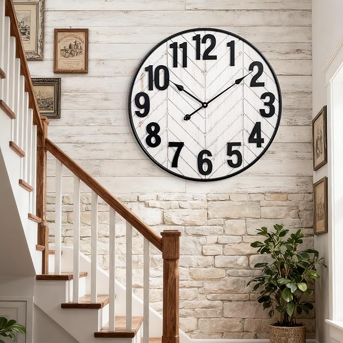 30 Inch Large Wall Clock, Oversized Wood Farmhouse Wall Clock with Metal Frame, Battery Operated Non-Ticking Silent Wall Clocks for Living Room, Kitchen, Bedroom Decor (Whitewashed)
