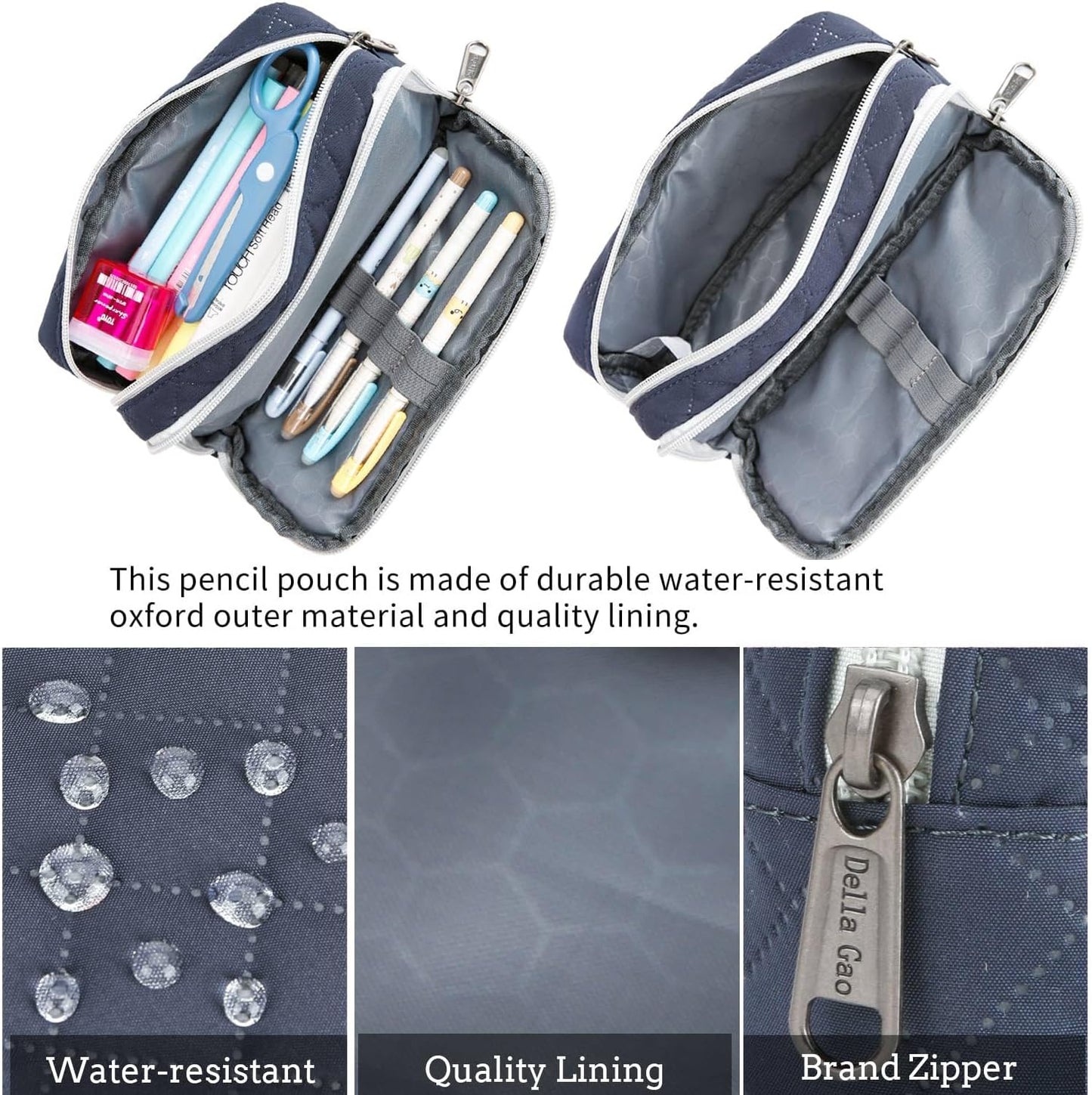 Della Gao Small Pencil Case Large Capacity Pencil Pouch Marker Pen Bag Coin Pouch Office Stationery Organizer (DarkBlue-02RH)