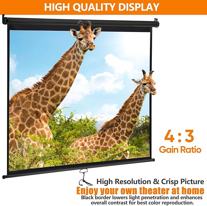 Universal Projector Screen, 72 Inch HD Portable Manual Pull Down Projector Screen,Wall or Ceiling Mounted Retractable Widescreen for Home or Office (White, 72 Inch 4:3) (Black)