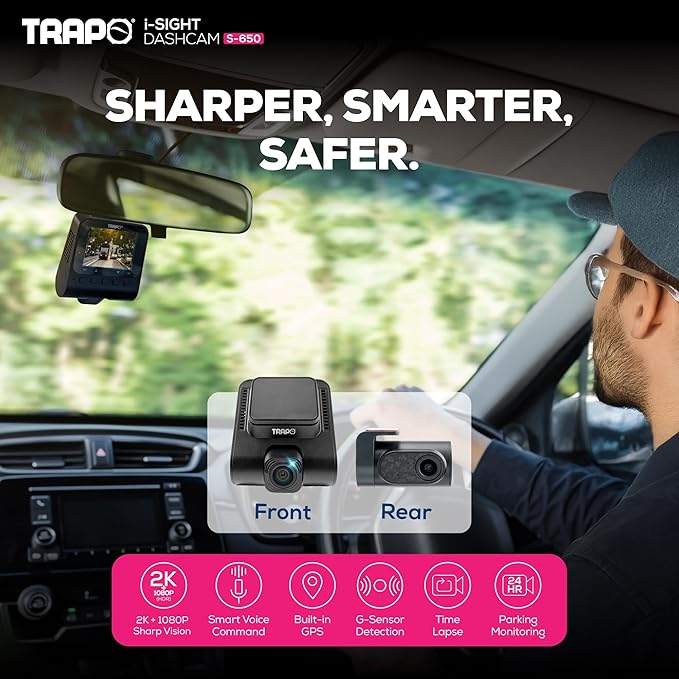S650 Dash Cam 2K HDR 2560x1440P Front and Rear Dash Cam, Car Camera with ADAS, Voice Control, Super Capacitor, Parking Surveillance, Built-in GPS & Wi-Fi, 60 FPS Front + 30 FPS Rear