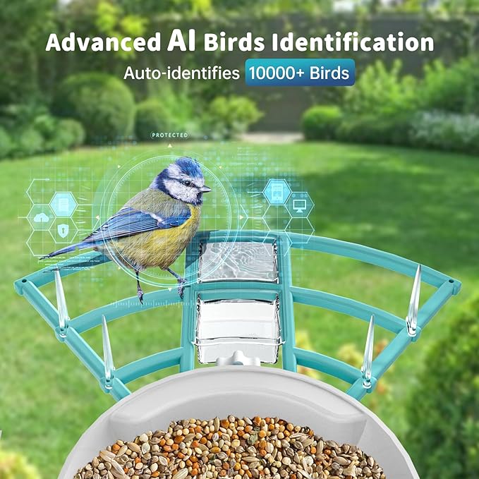 Smart Bird Feeder with Camera Solar Powered & AI Bi rd Identification, 2.4Ghz WiFi Bird feeders for Outdoors, 2K Live Video, Nstant Arrival Alerts - Blue