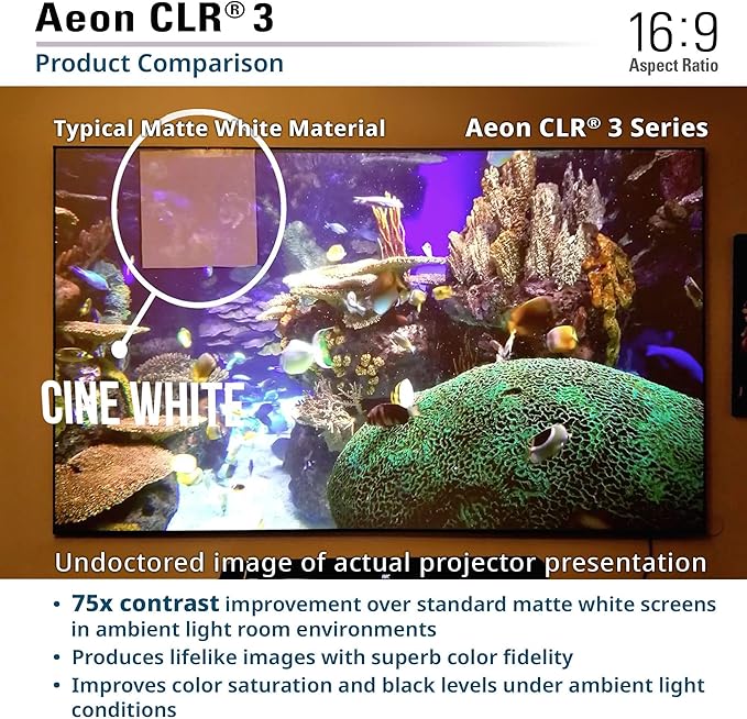 Elite Screens 115 inch UST ALR Projector Screen 16:9 4K 90% Ceiling Ambient Light Rejecting Edge Free Fixed Frame Grey Projector Screen Indoor Movie Screen Home Theater - Aeon CLR 3 AR115H-CLR3