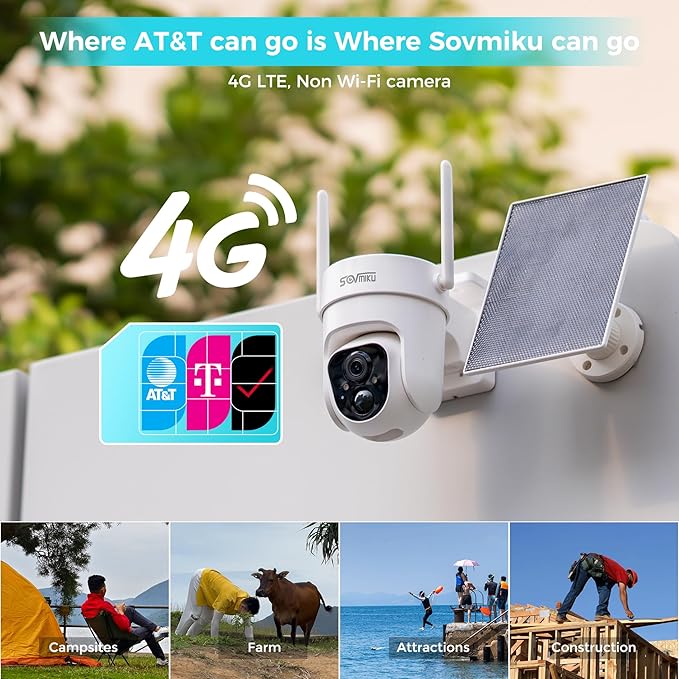 Sovmiku 2CQ3 4G LTE Cellular Security Camera Wireless Outdoor, $14.9/Month for Unlimited Data, Easy to Setup, IP65 Waterproof,No Wi-Fi Surveillance Cam Two Way Audio, Color Night Vision, 32GB Included