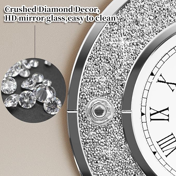 COSVALVE Mirror Wall Clock with Crystal, 24 Inch Large Silver Glass Clock for Wall Living Room, Big Decorative Wall Clock with Crushed Diamond Decor, Luxury Bling Wall Decor