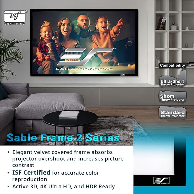 Elite Screens Sable Frame 2, 110-Inch Fixed Frame Projector Screen, 16:9 8K/4K Ultra HD & Active 3D Ready, ISF-Certified Material, Ideal for Home Theater, Office, and Indoor Presentations, ER110WH2