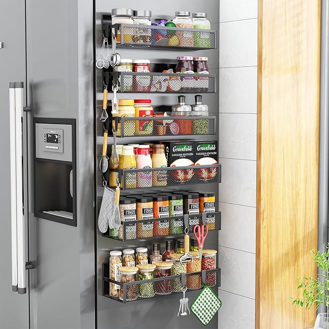 Magnetic Spice Rack for Refrigerator, 6 Pack Magnetic Shelf, Fridge Magnet Organizer with Moveable 12 Hooks, Magnetic Fridge Shelf for Kitchen Organization and Storage (6 Pack)