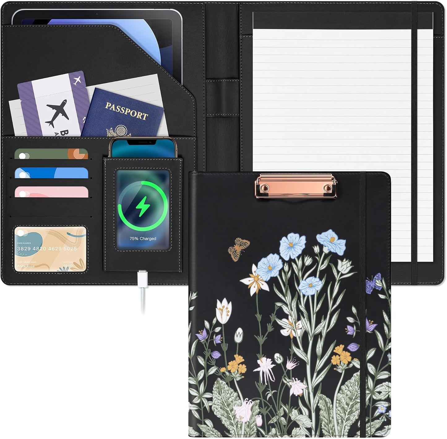 Ospelelf Foldable Leather Clipboard Padfolio with Notepad 8.5 x 11, Business Clipboard Portfolio Organizer, Flowers