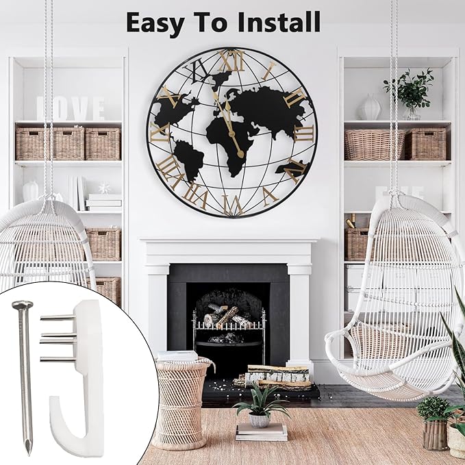 Gugxiom 24 Inch Large World Map Wall Clock Battery Operated, Roman Numeral Wall Clock, Metal Minimalist Modern Clock, for Office Kitchen Bedroom Living Room