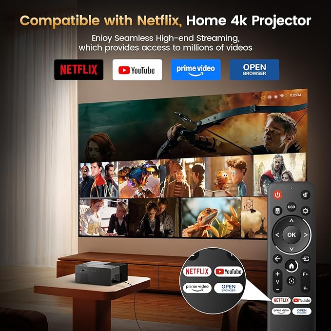 4K Projector with Built-in Apps, 1500 ANSI/Compatible with Netflix/Dolby Audio Smart Projector with WiFi 6 and Bluetooth 5.3,Outdoor Movie Proyector for Home Theater HDR10+ UPGRADE