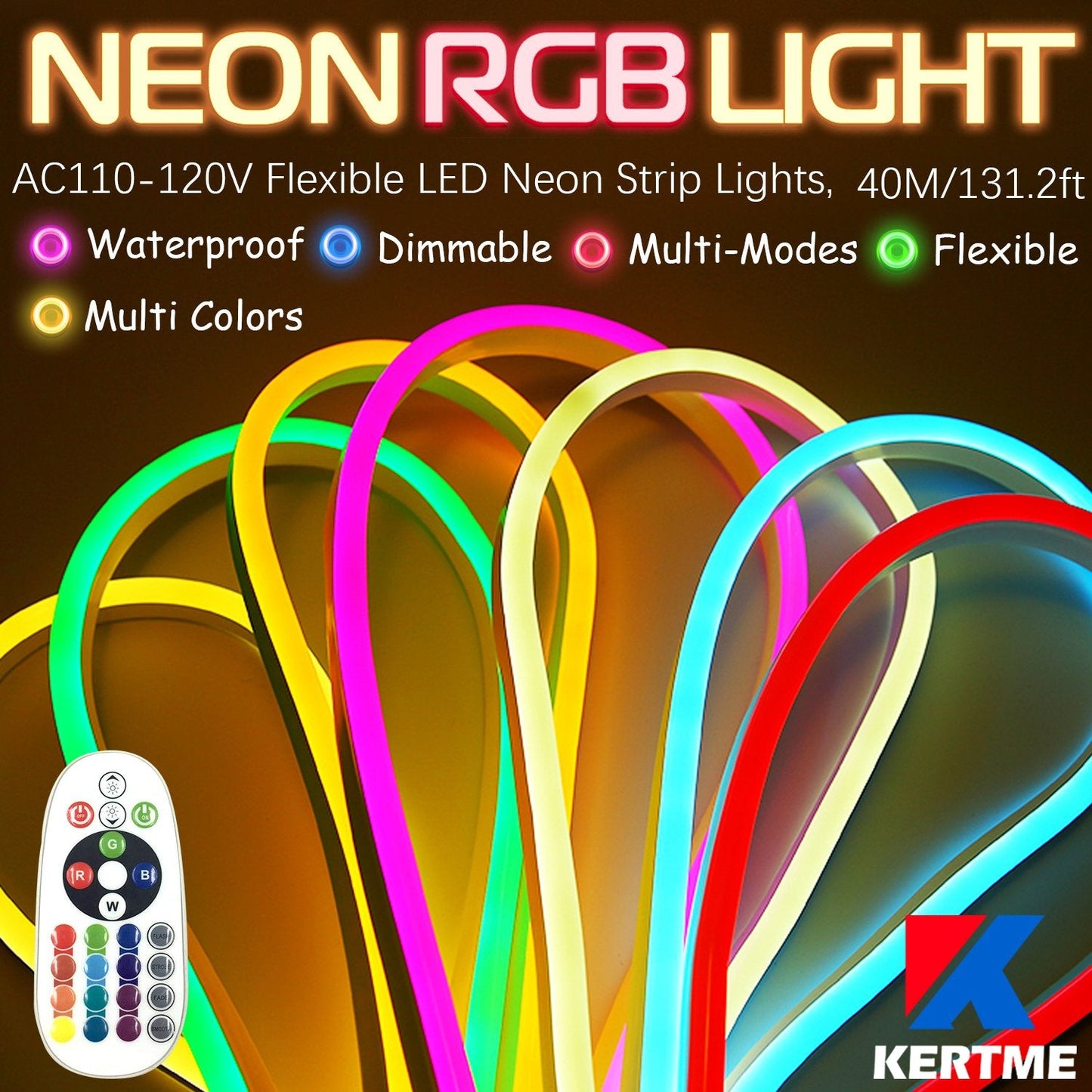 KERTME Neon LED Light Strip, Waterproof, Dimmable, RGB Colors, 131.2ft, Model Neon LED-RGB-40M