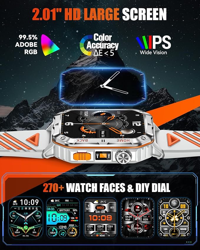 Military Smart Watch for Men, 2.01'' Fitness Tracker with 1200mAh Long Battery Life, Bluetooth Calls, Flashlight, IP68 Waterproof, Heart Rate/Sleep Tracking, 100+ Sports Modes for Android iPhone