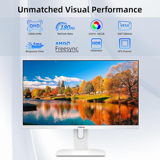27” White Monitor，QHD (2560x1440P) 180Hz 100% sRG Computer Monitors，IPS Panel, 3Sides Frameless, Flicker-Less,Blue Light Filter, for Office & Gaming (DP,HDMI)